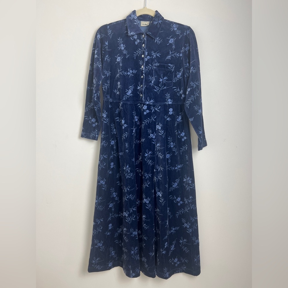 Vintage L.L. Bean Women's Size 4 100% Cotton 90s Blue Floral Corduroy Midi Dress